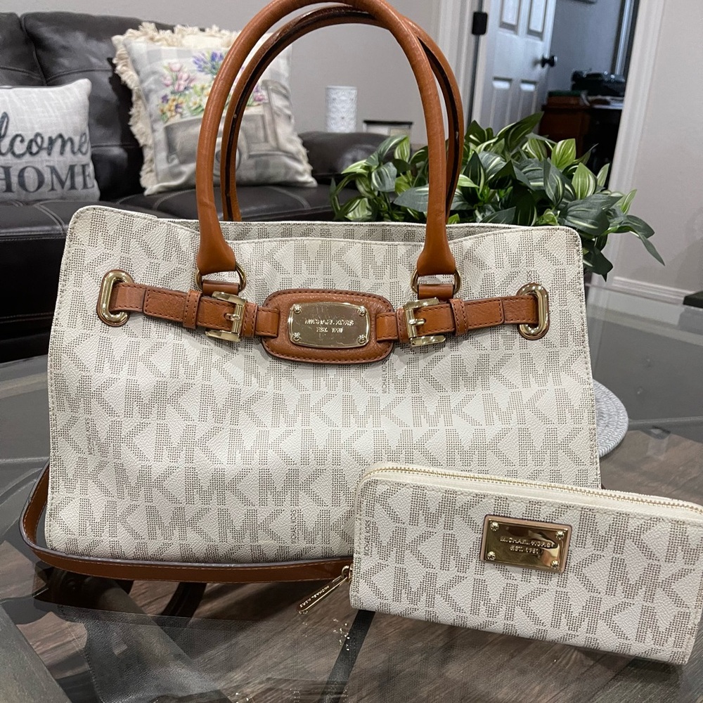 Michael Kors Vanilla and Brown Satchel with matching Wallet